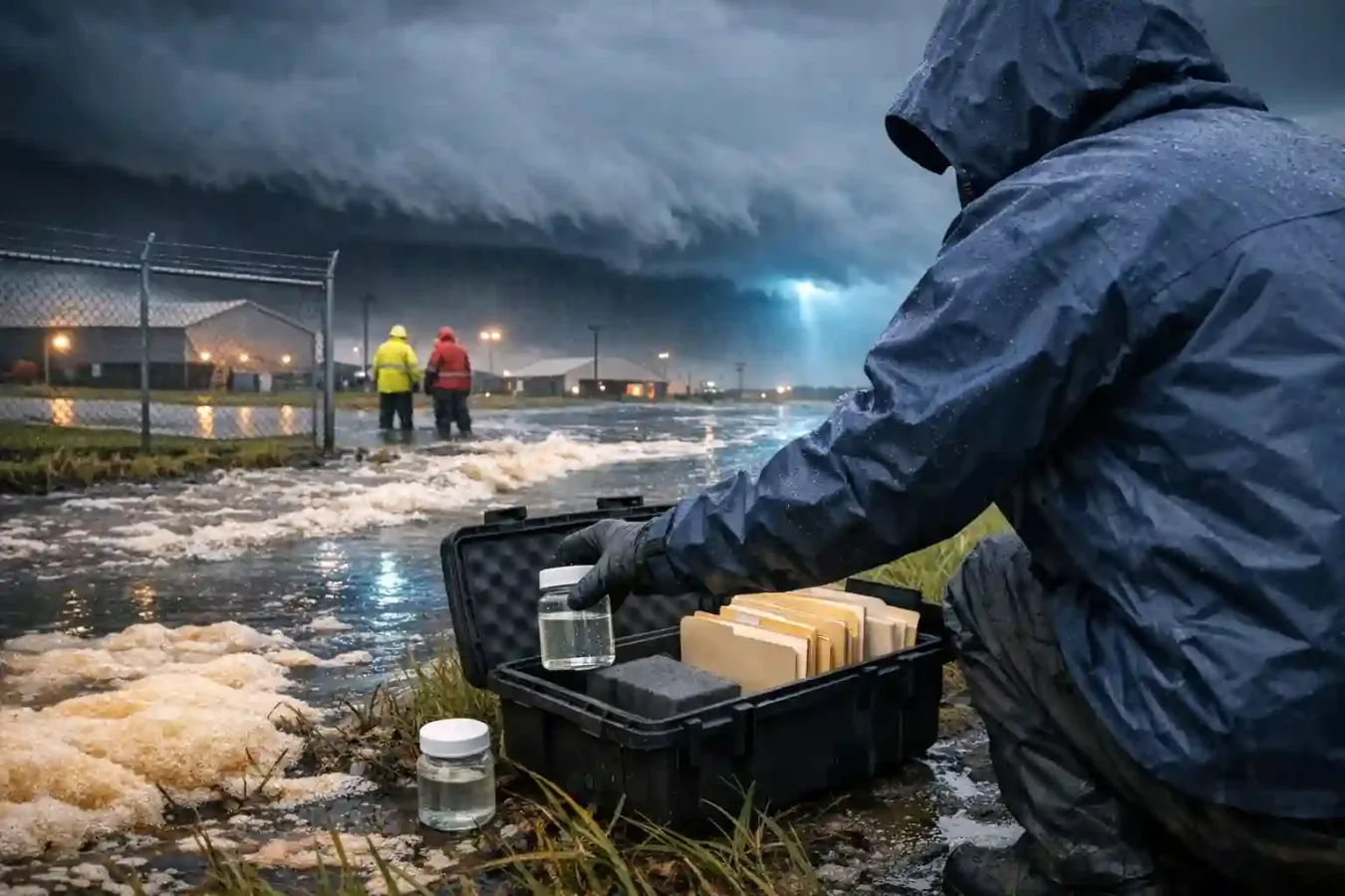 An anonymous investigator collects a water sample beside a flooded defence base drain as storm clouds gather over hangars.