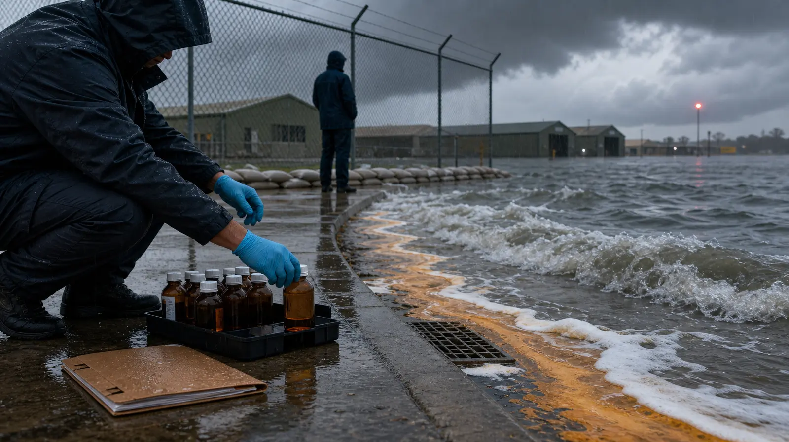 An anonymous technician collects stormwater evidence beside a rain-soaked defence-base fence as floodwater and chemical sheen gather near the drain.