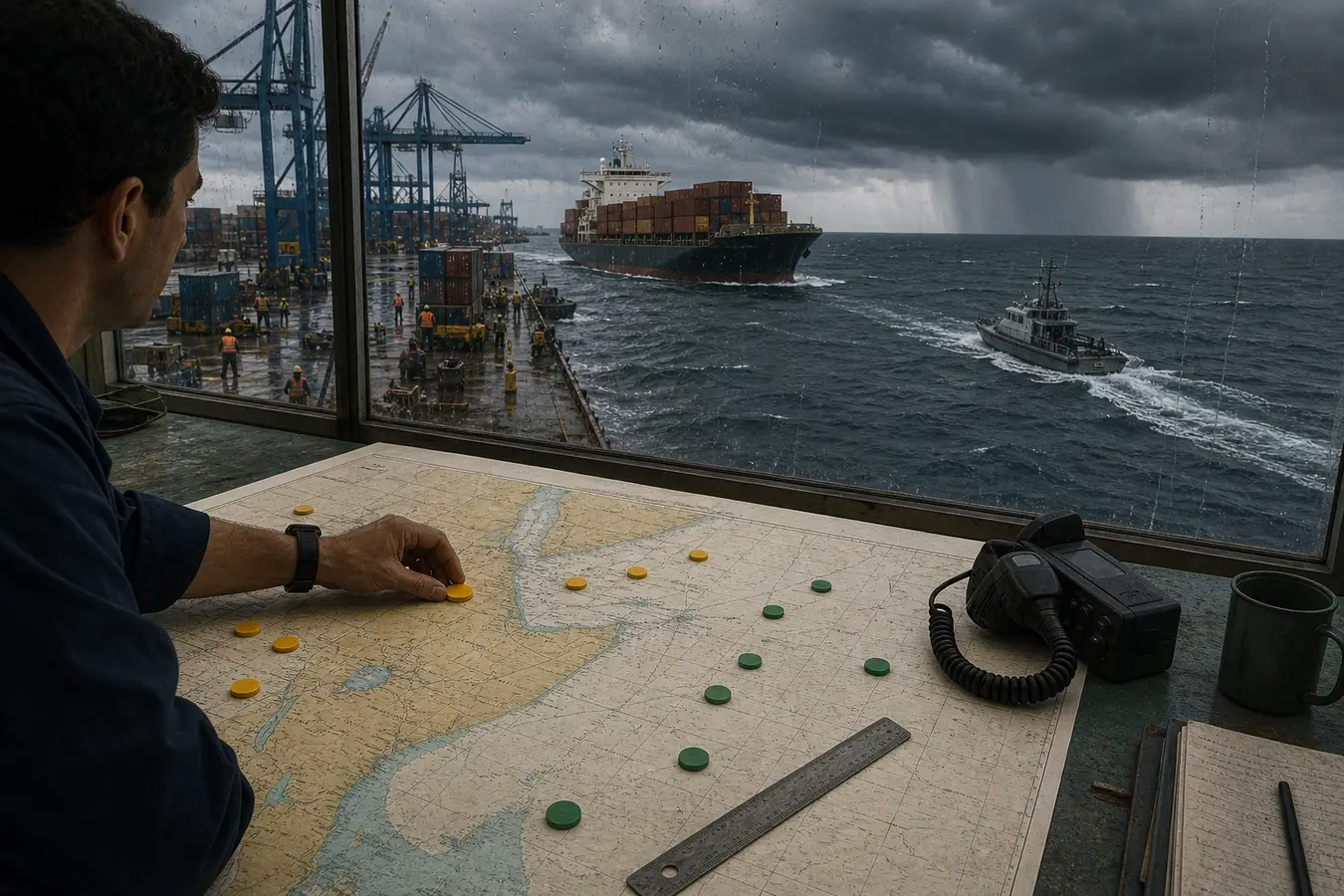 An anonymous shipping analyst marks an unlabeled route sheet in a harbor operations room while a container ship and patrol boat face a rain squall offshore.