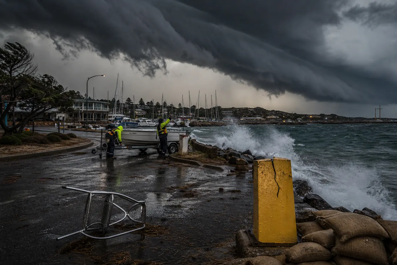 A storm front bears down on a Western Australia harbour as anonymous emergency workers secure sandbags and a boat trailer in heavy wind.