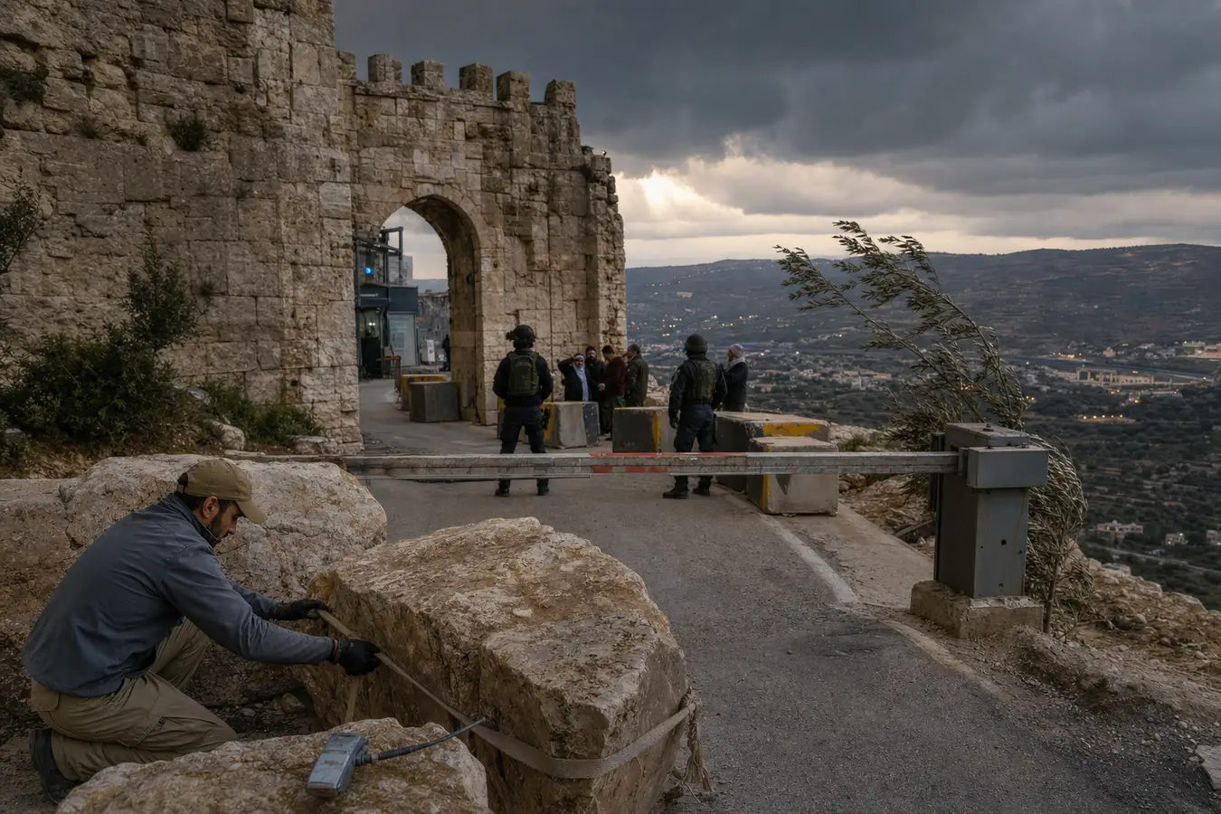 An ancient limestone fortress gate has become a tense checkpoint as anonymous workers, security figures, and civilians face a darkening valley horizon.