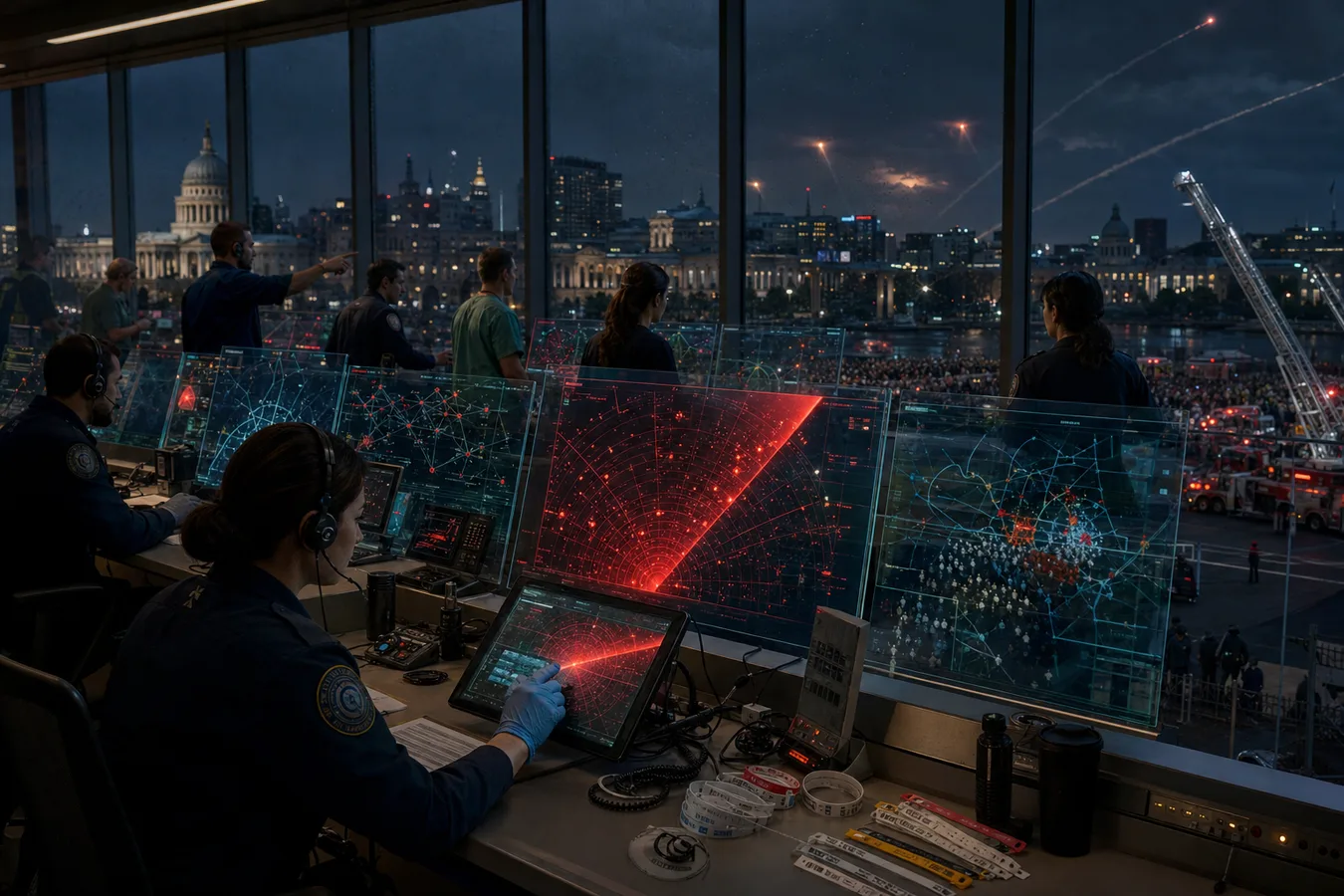 Anonymous emergency staff work in a rain-lit operations hall as a red radar warning screen aligns with crisis activity across the city outside.