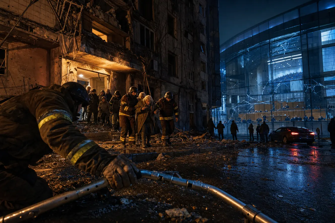 Anonymous rescue workers help residents leave a damaged apartment entrance at night while emergency light and cool civic reflections cross the wet street.