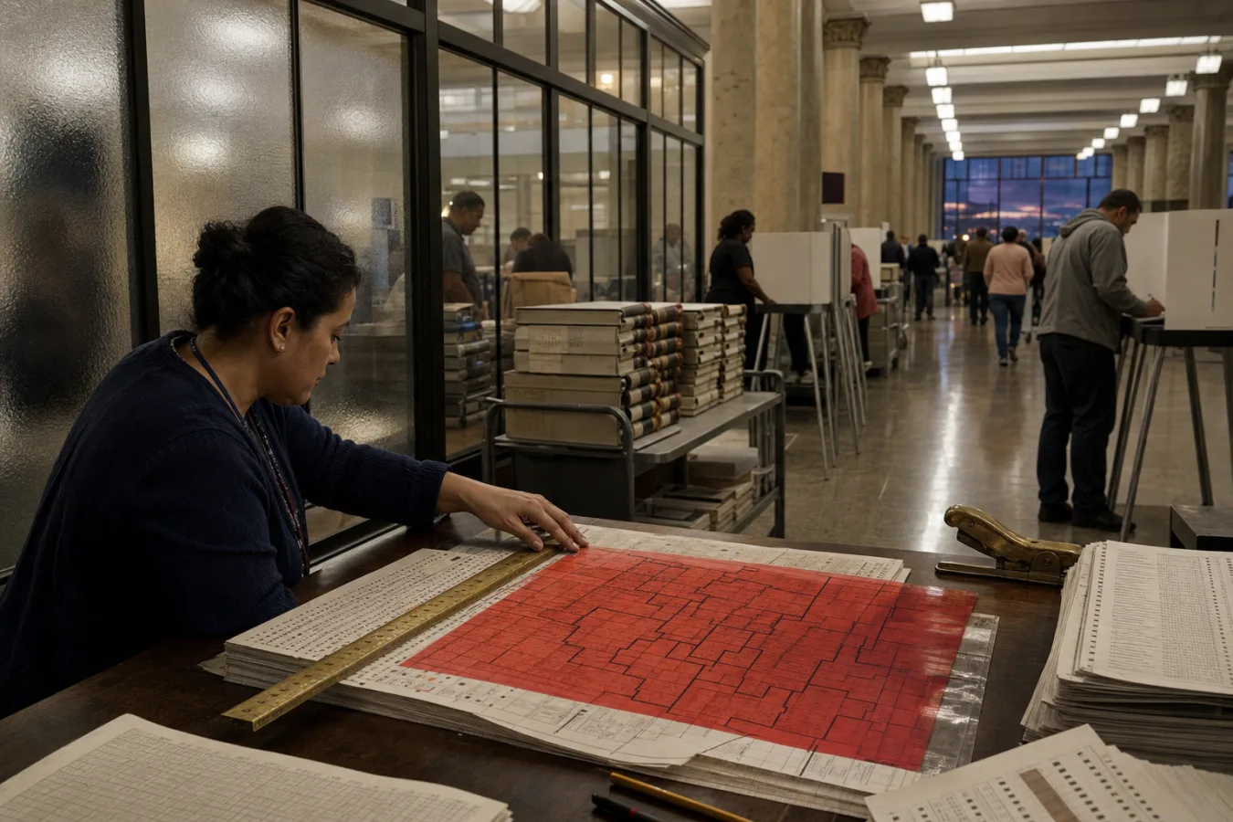 An anonymous clerk aligns ballots beneath a translucent redistricting grid in a crowded institutional records room with citizens and courthouse columns behind.