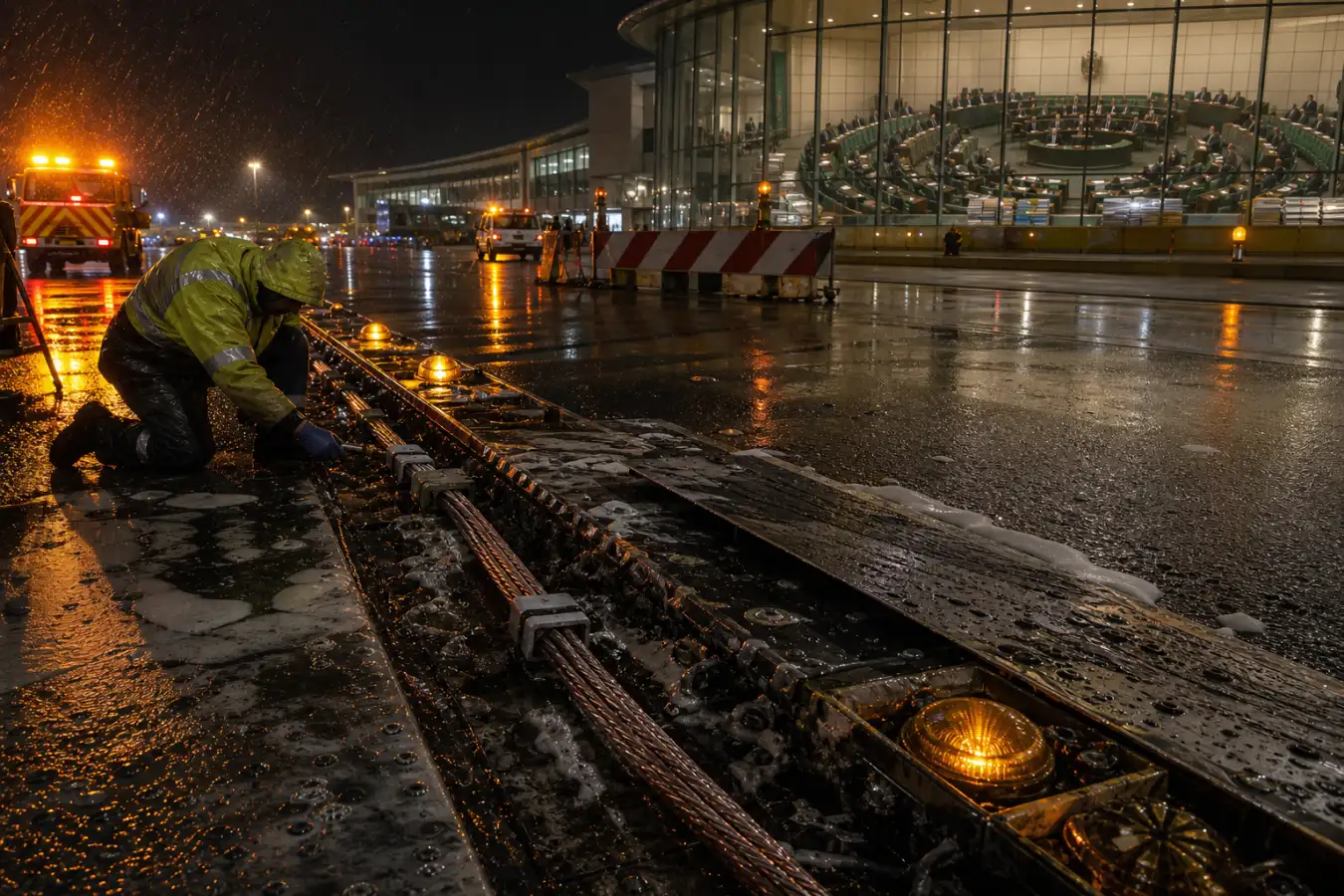 A rain-soaked airport runway repair scene shows an anonymous worker clamping exposed cable while emergency controls and a glass-walled civic chamber appear in the distance.