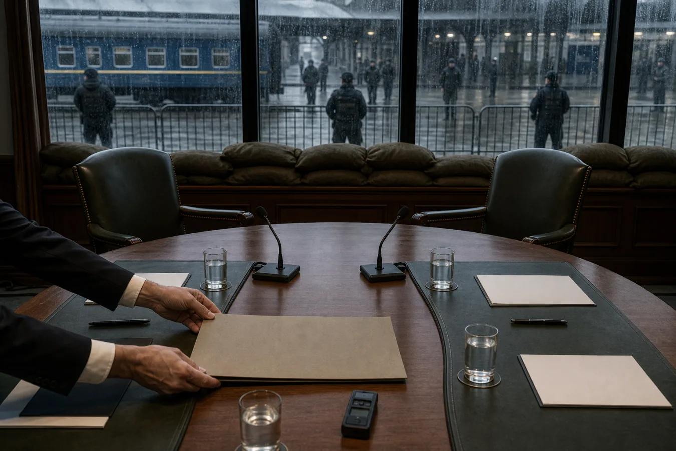 An anonymous mediator’s hands slide an unsigned folder across an empty diplomatic table while rain and security barriers press against the conference room window.