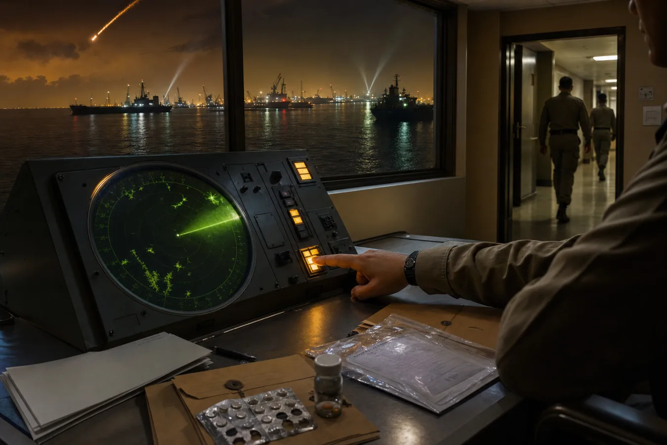 An anonymous operator acknowledges an amber alert at a Gulf emergency watch desk overlooking tankers and harbor lights at night.