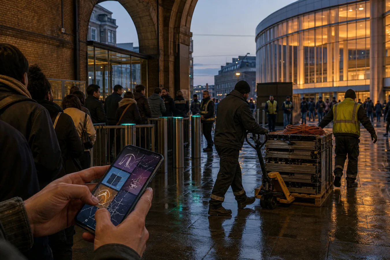 An anonymous person grips a cracked phone in a wet city concourse as a housing queue and workers moving EV battery modules share the space under station arches.