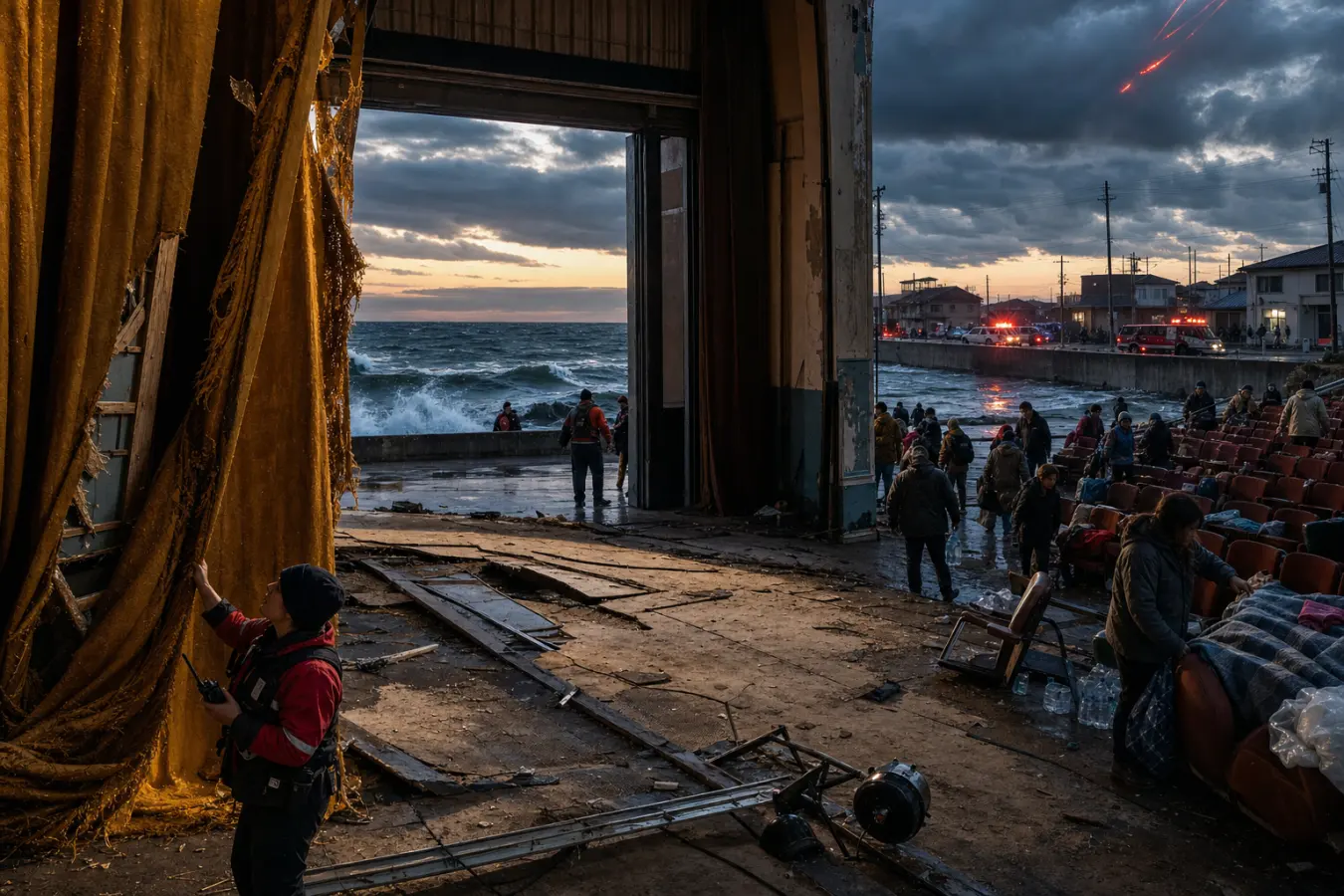A damaged coastal theatre serves as an evacuation shelter as rescue workers and families move toward higher ground beyond the open stage doors.