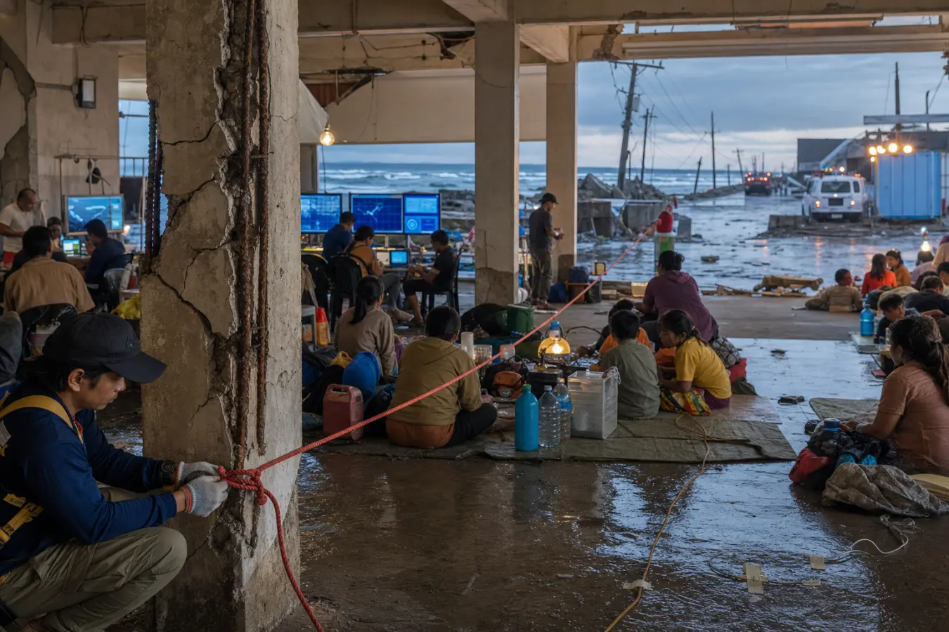 An anonymous rescue worker ties a red safety cord around a cracked column in a coastal evacuation hall as families, emergency equipment, and the unsettled sea fill the scene.