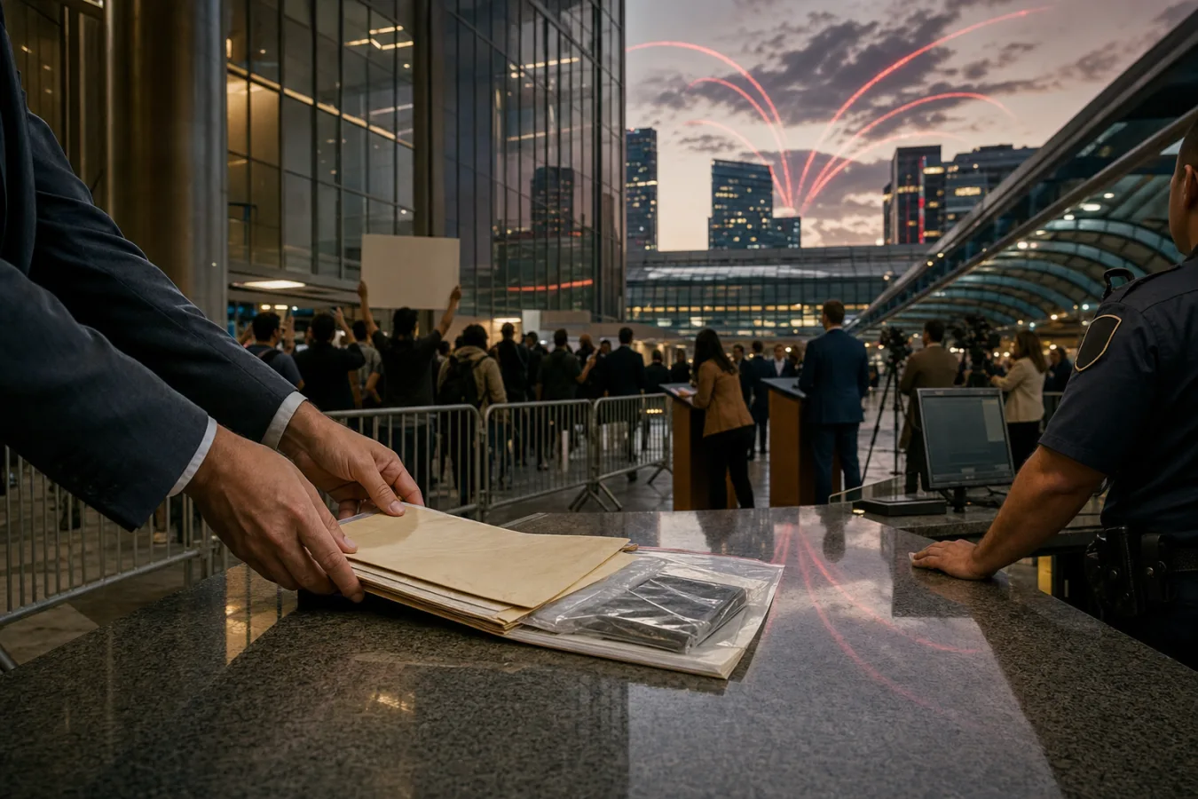Anonymous hands place a legal dossier on a courthouse security counter as protest barriers, civic figures, and red reflections fill the atrium behind them.
