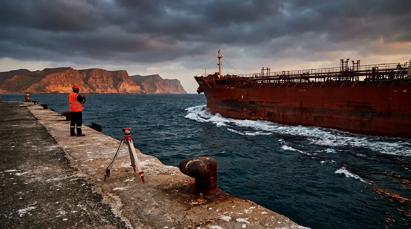 A massive industrial tanker navigates a narrow waterway between a salt-crusted concrete pier and jagged desert cliffs under a dark, high-contrast sky.