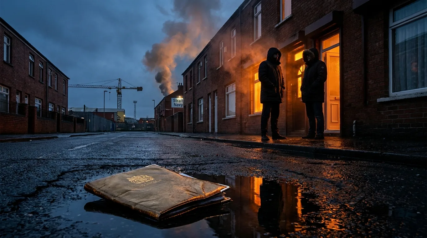 An editorial photograph showing a discarded diplomatic folder in a puddle on a dark street, with anonymous figures standing near a glowing brick house and a distant shipyard crane.