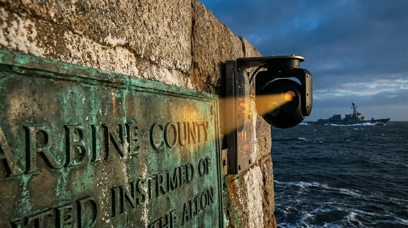 A weathered bronze institutional plaque is scanned by a surveillance drone's amber light against the backdrop of a naval ship in a dark, choppy sea.