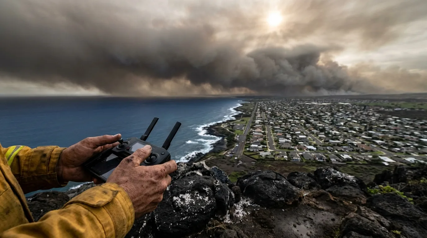 An editorial photograph showing a responder's hands operating a controller in the foreground as a massive shelf of industrial smoke looms over a coastal suburban neighborhood.