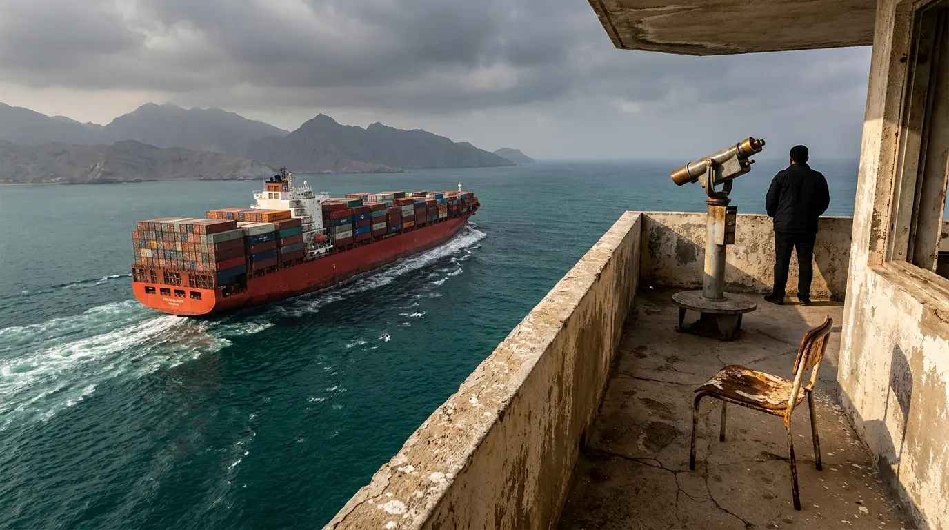 An industrial cargo ship navigates a narrow strait seen from a weathered concrete observation deck with a single chair and telescope.