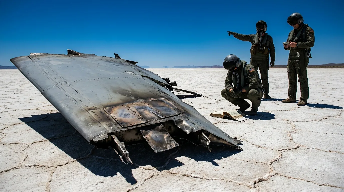 An editorial photograph shows scorched aircraft debris on the cracked Mojave Desert salt flats with three anonymous recovery workers in the midground under a bright midday sun.