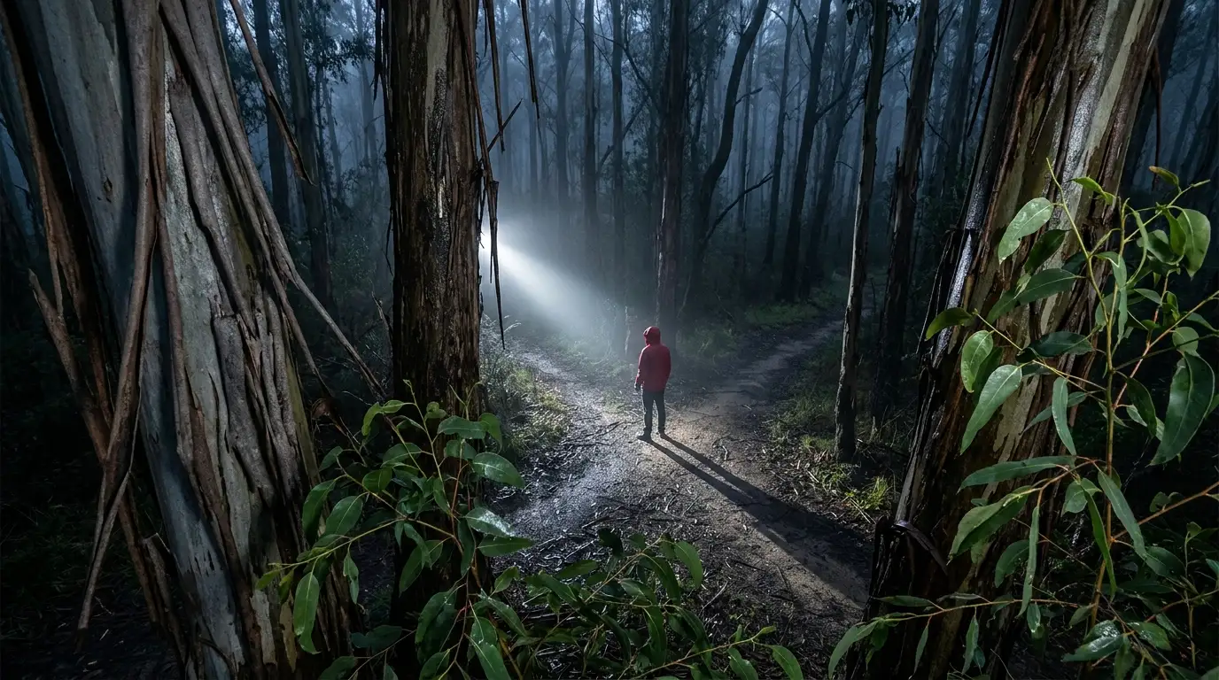 An anonymous person in a red jacket stands at a forest crossroads, illuminated by a harsh clinical searchlight beam amidst peeling eucalyptus trees.