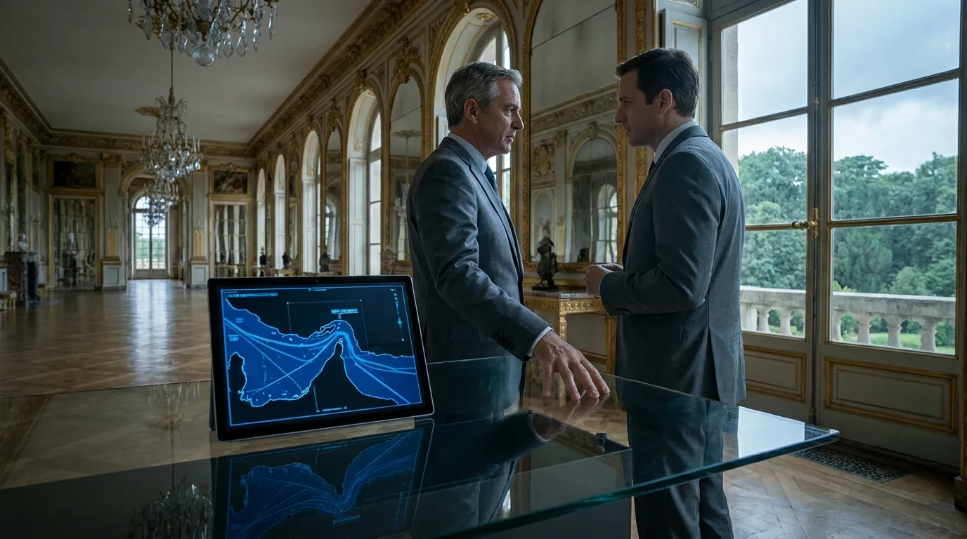 A modern digital maritime map glows on a glass table inside the ornate gold-leaf Hall of Mirrors at Versailles as two anonymous diplomats confer.