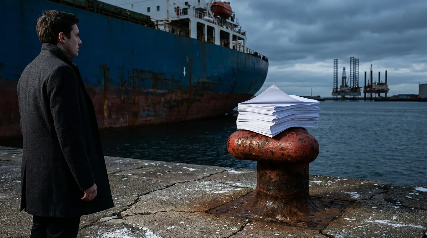 An editorial photograph of a grey industrial harbor at dusk with a stack of papers on a red bollard and a large cargo ship against a horizon of offshore energy platforms.