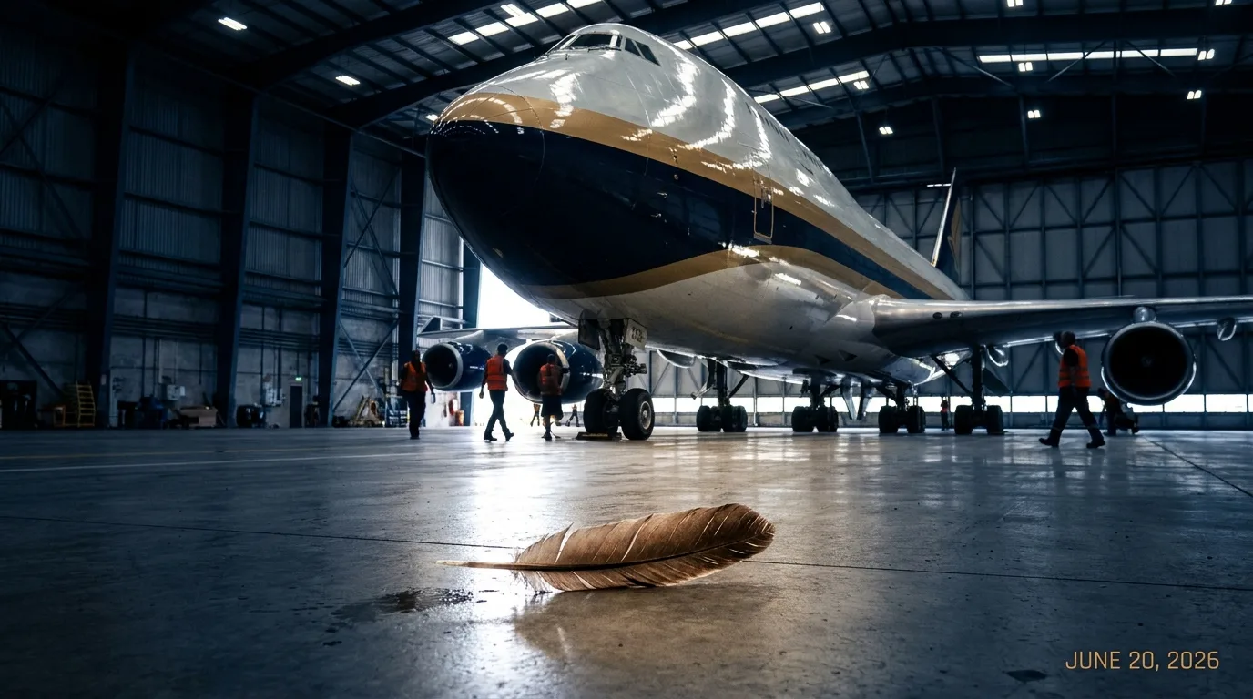An editorial scene inside a dark hangar where a single bird feather lies on a polished floor in front of a massive, gleaming 747 aircraft.