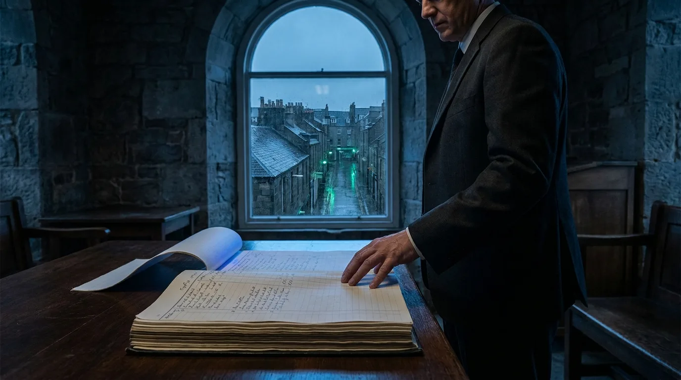 An anonymous official stands beside a stack of official tax documents on a dark wooden table inside a stone hall, overlooking a twilight city skyline.