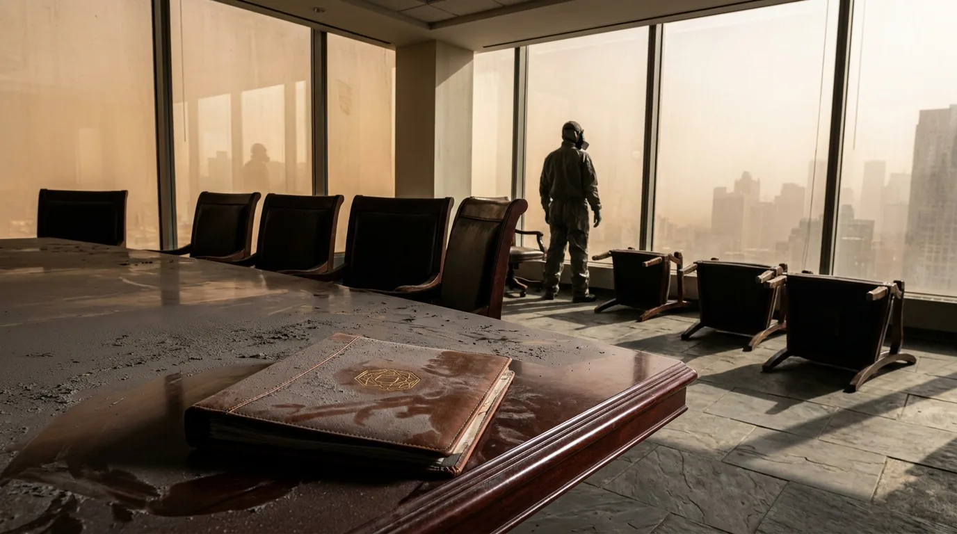 An abandoned negotiation table with an open leather folder is covered in a fine layer of soot, overlooking a city skyline shrouded in thick amber smog.