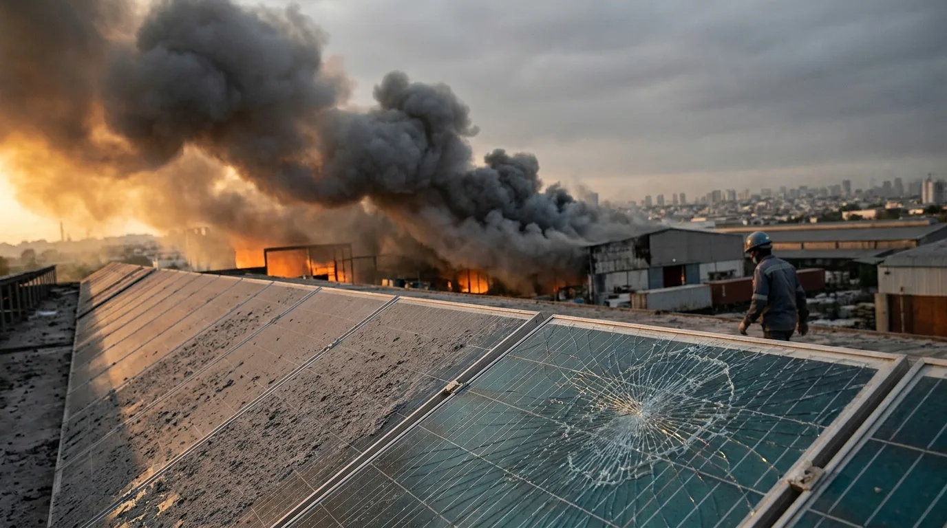 An editorial photograph of ash-covered, fractured solar panels in the foreground with a massive plume of dark smoke rising from an industrial site against a distant city skyline.
