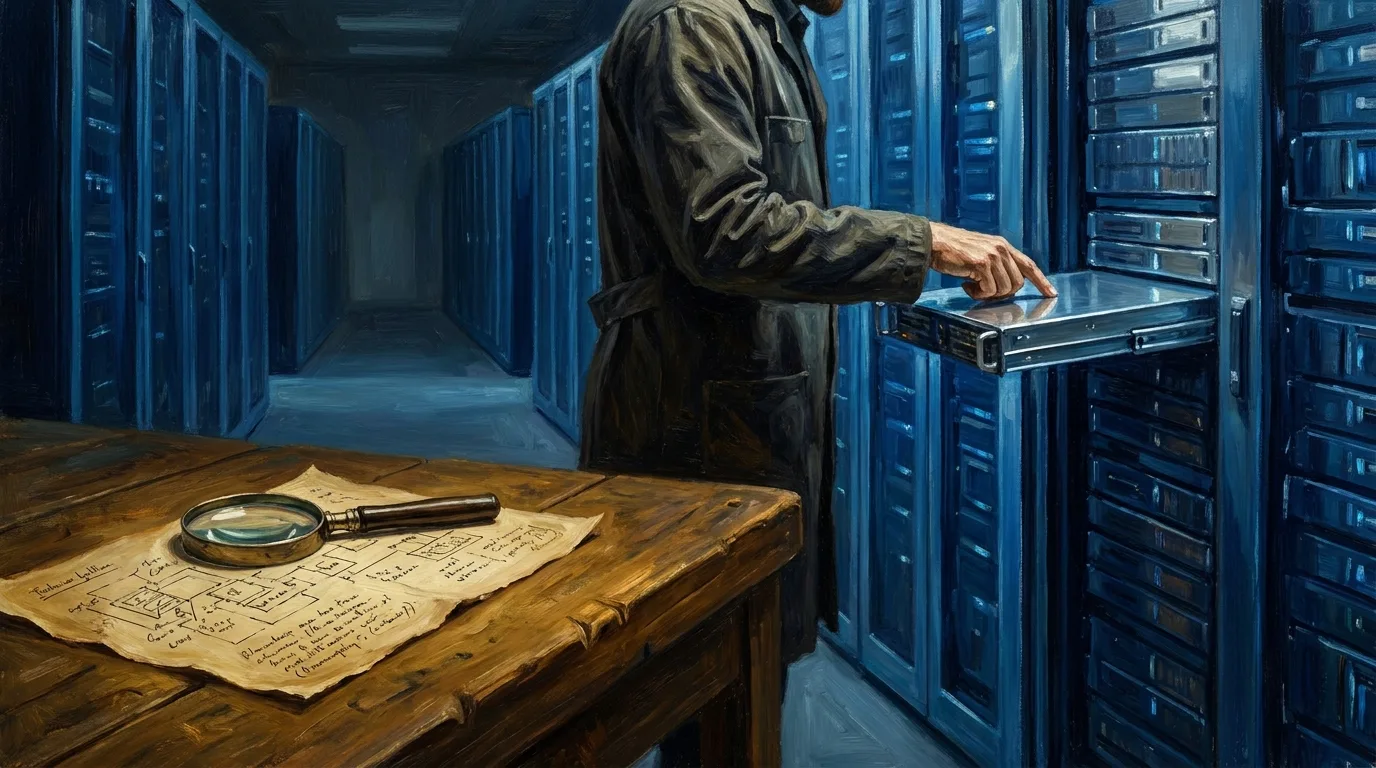 A technician performs a manual audit in a vast, blue-lit supercomputer hall, juxtaposed with a foreground workbench holding analog technical diagrams.