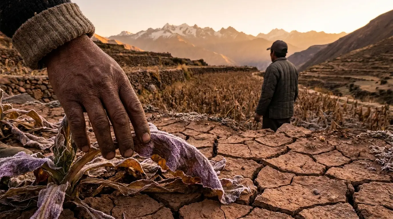 A worker’s hand touches a frost-covered leaf in a field of cracked, drought-stricken earth under a cold mountain sun.