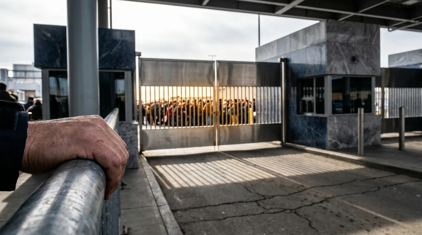 An editorial image showing a detailed anonymous hand gripping a steel railing in front of a massive industrial border gate, with a warm golden light from a distant crowd visible through the barriers.