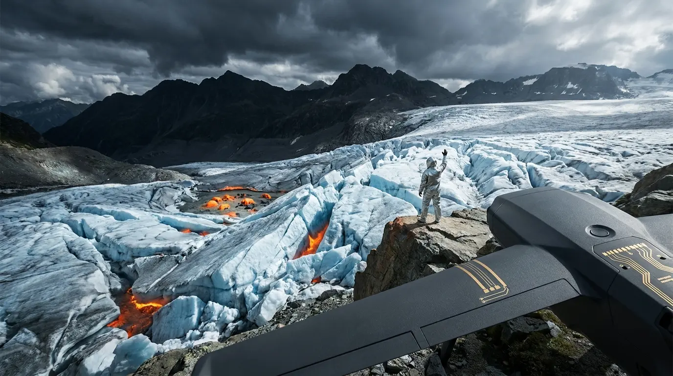 A high-altitude editorial photograph of a tactical drone wing overlooking a fracturing blue glacier with glowing orange thermal fissures and a lone figure in a thermal suit.