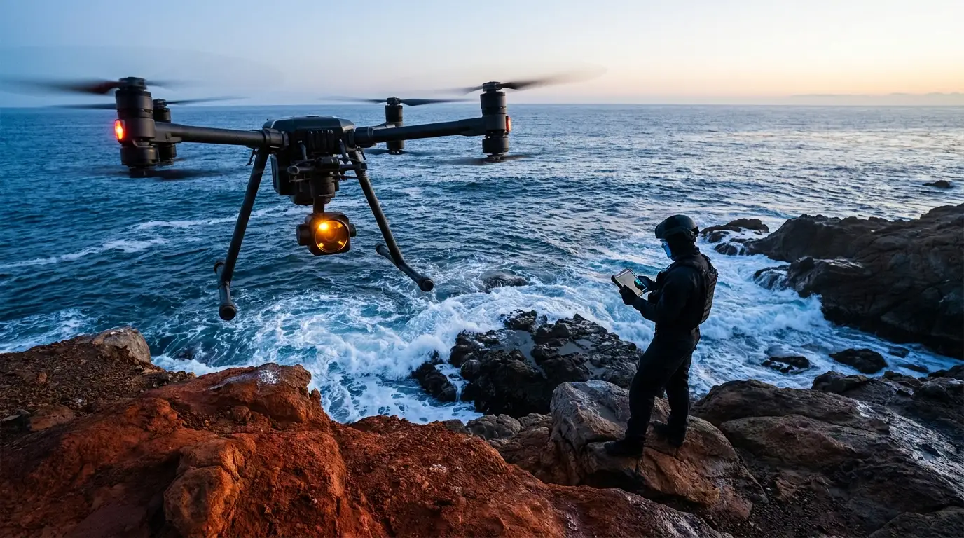 A surveillance drone hovers above a rocky coastline at dawn while an anonymous uniformed figure monitors the sea from a cliffside ledge.