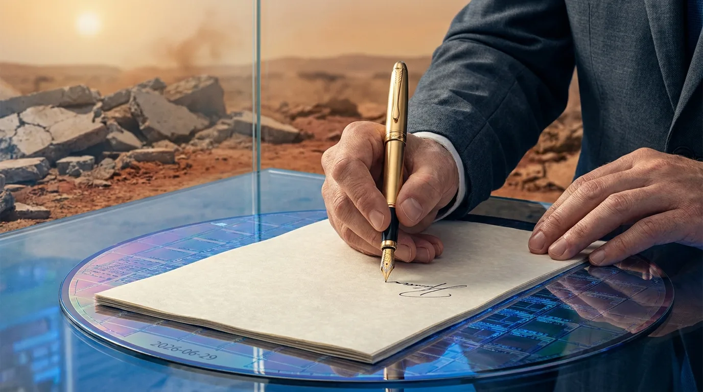 An editorial image showing a hand signing a document on a high-tech silicon desk overlooking a distant landscape of rubble and red earth.