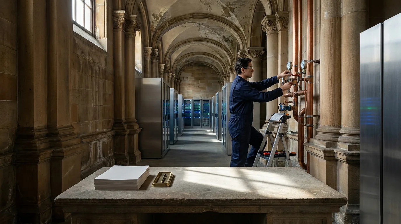 A technician in a navy uniform works on industrial copper pipes installed within a grand neoclassical sandstone hallway filled with administrative documents.