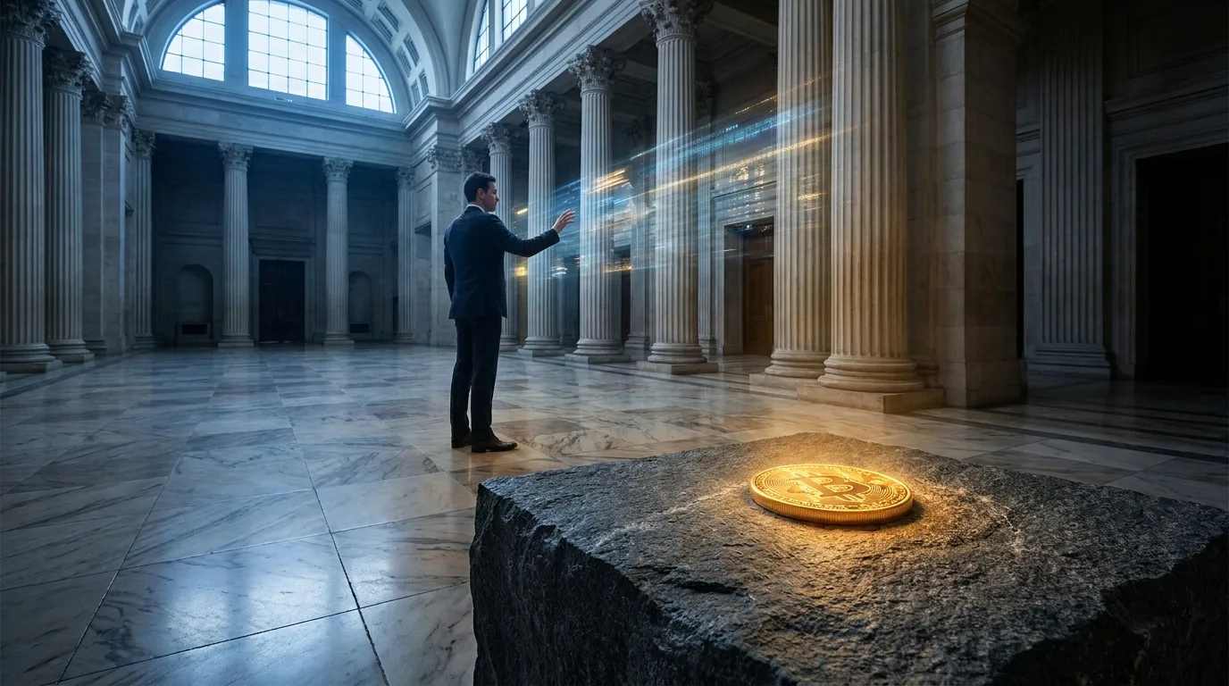A wide-angle editorial image of a glowing digital coin on a stone plinth within a grand, blue-lit neoclassical hall where an anonymous figure interacts with holographic data.