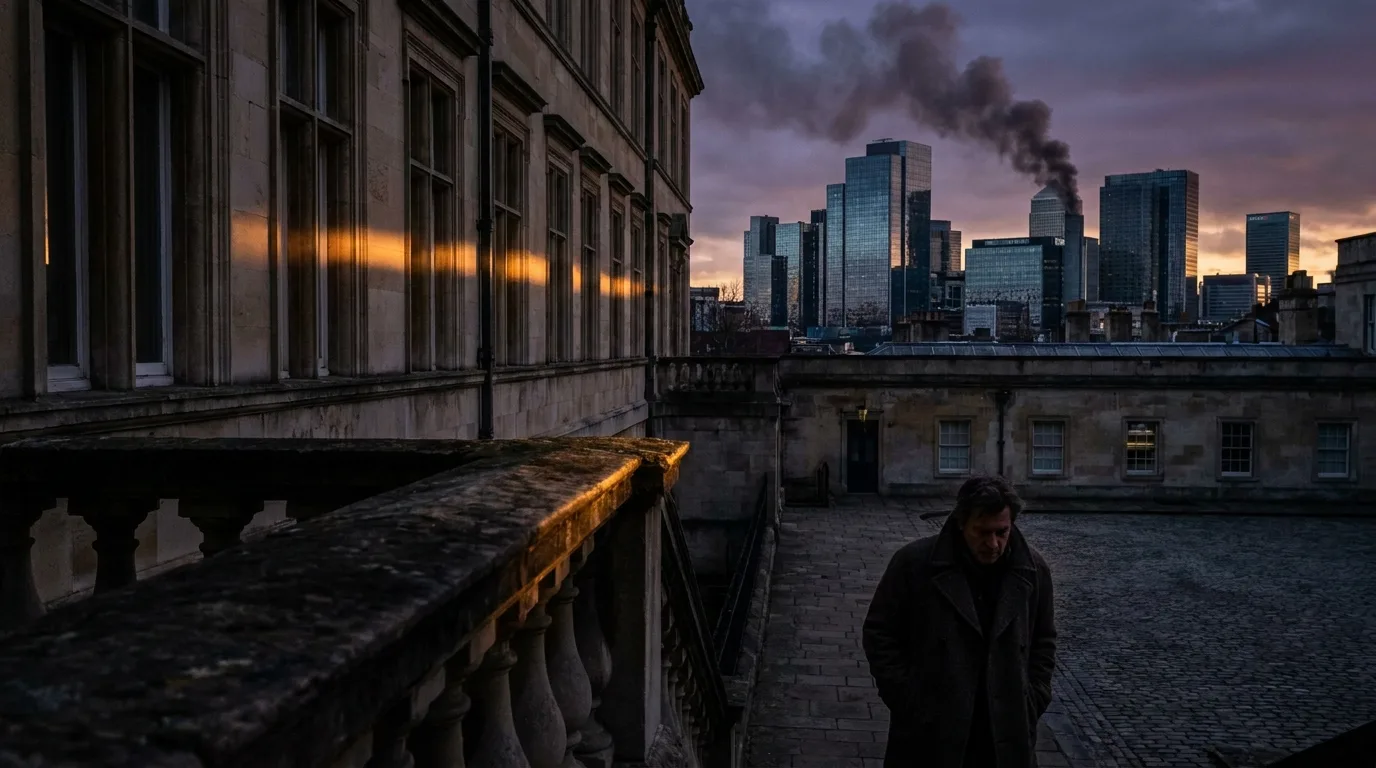 An anonymous figure in a dark coat stands on a stone balcony overlooking a city skyline where a plume of smoke rises into a twilight sky.