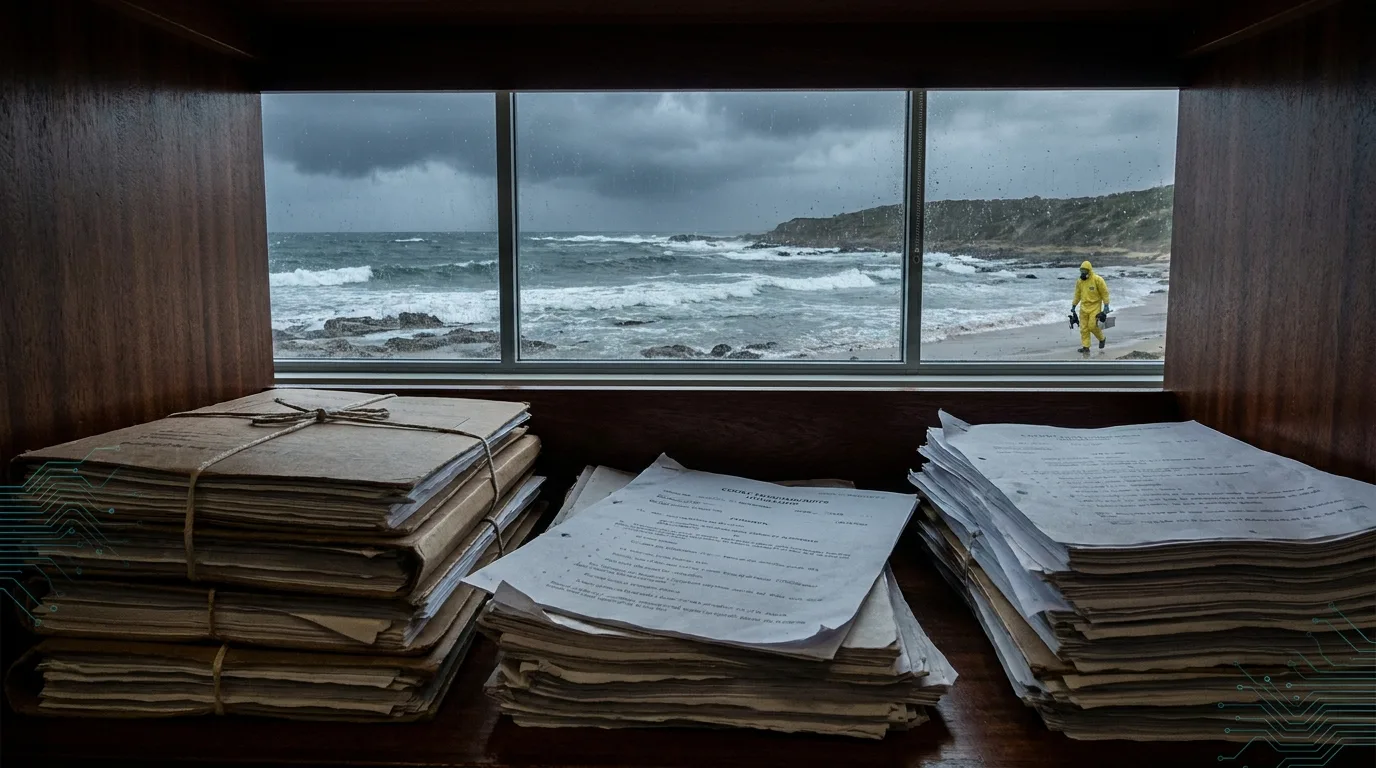 A somber editorial image showing a stack of legal documents on a dark mahogany desk in the foreground, with a window view of a stormy coastline where a lone figure in a yellow bio-hazard suit stands against the grey sea.