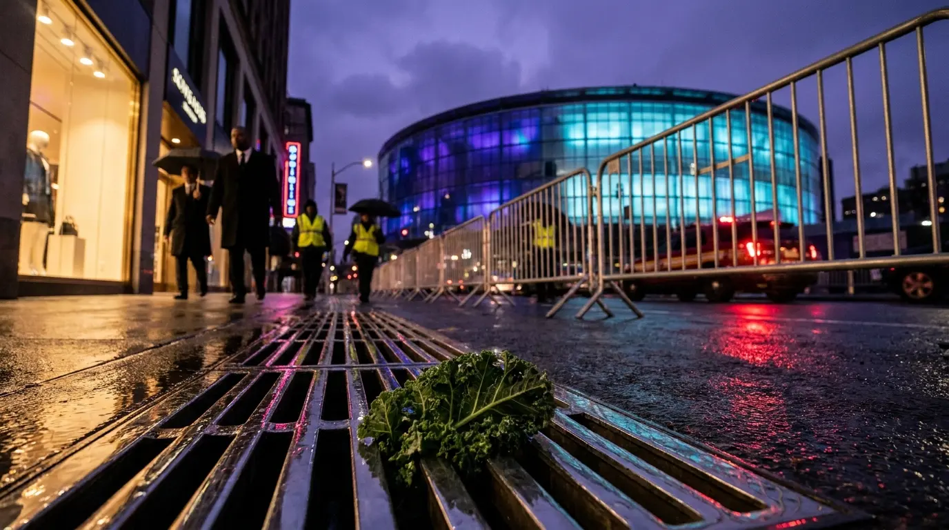 An editorial photo showing a kale leaf caught in a metal street grate outside a glowing golden arena at night, with security barricades and anonymous crowds in the background.
