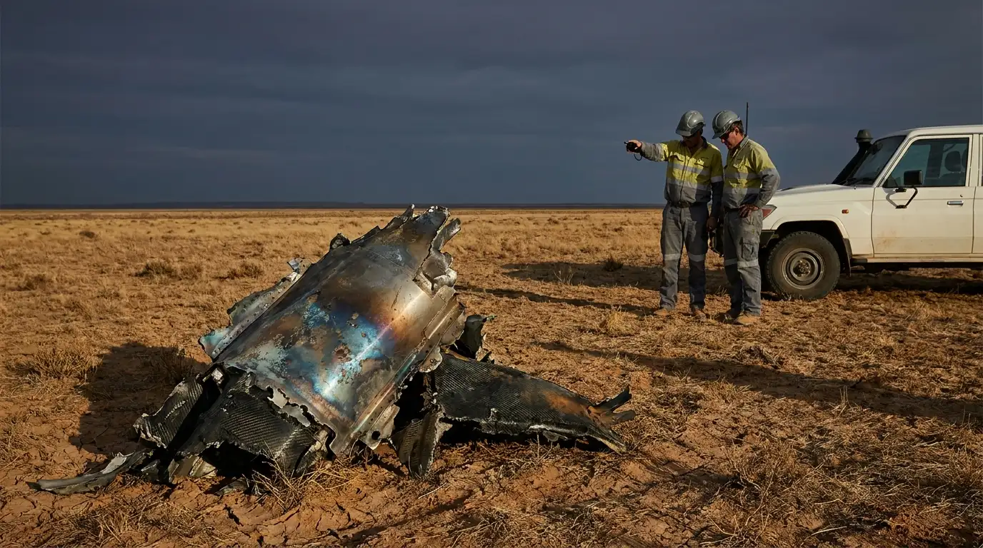 A piece of charred aerospace debris sits in a dry Australian field as two workers in high-visibility vests stand by a utility vehicle in the distance under a dark dusk sky.