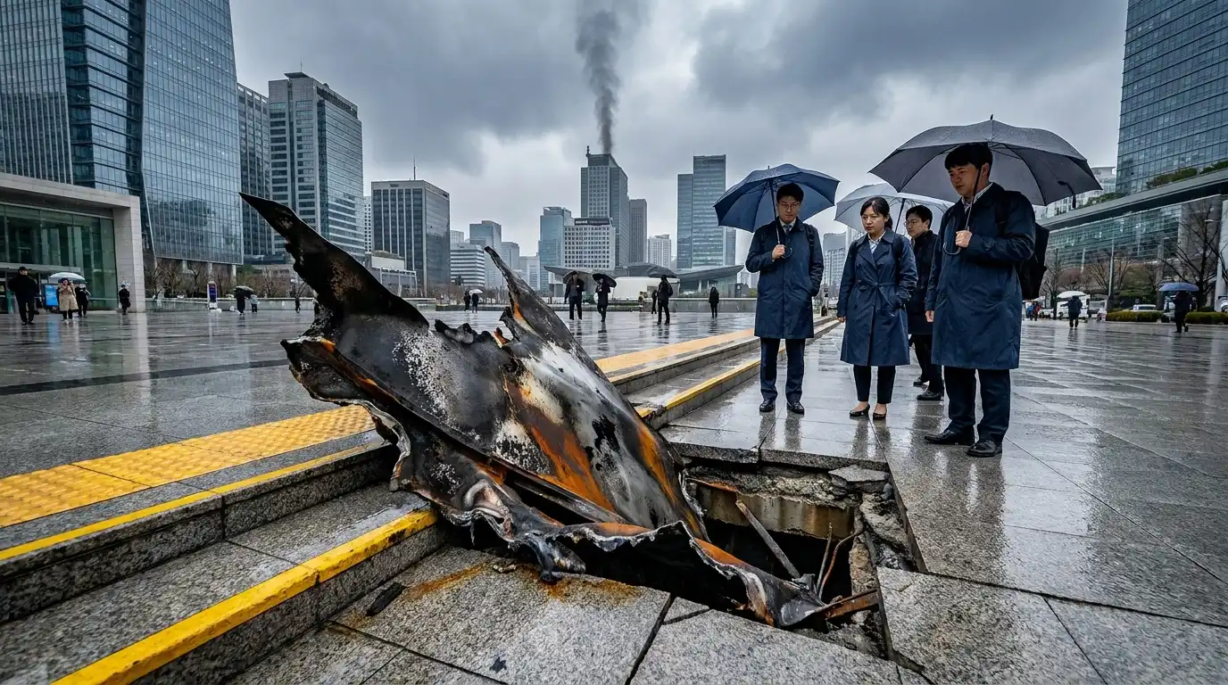 A piece of charred metallic debris lies embedded in a fractured urban plaza walkway near a yellow safety ramp, with anonymous commuters watching from the midground against a city skyline.