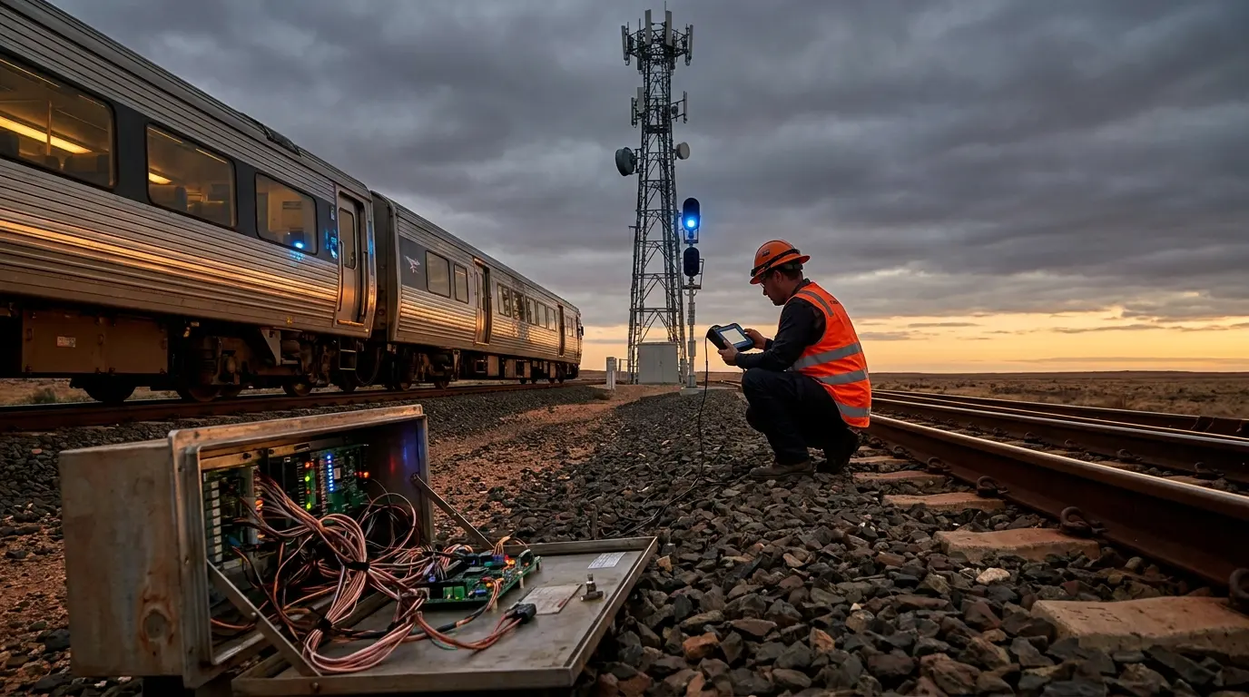 A stalled regional train sits on a remote track at dusk next to an open maintenance terminal and a towering telecommunications mast under a heavy sky.