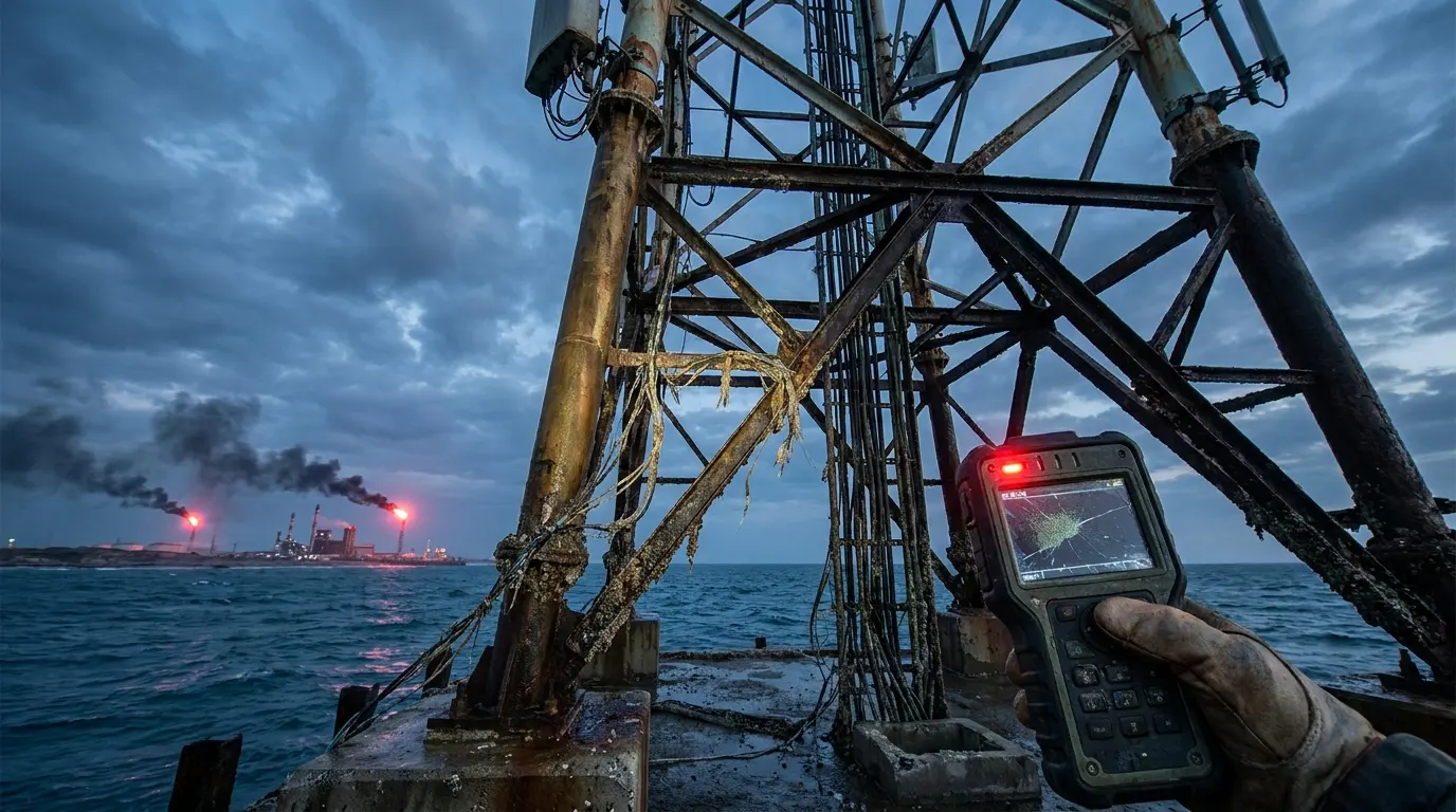 An editorial photograph of a weathered telecommunications tower on a coastline, with a technician's hand holding a glowing diagnostic device in the foreground and smoke rising from a distant port strike across the water.