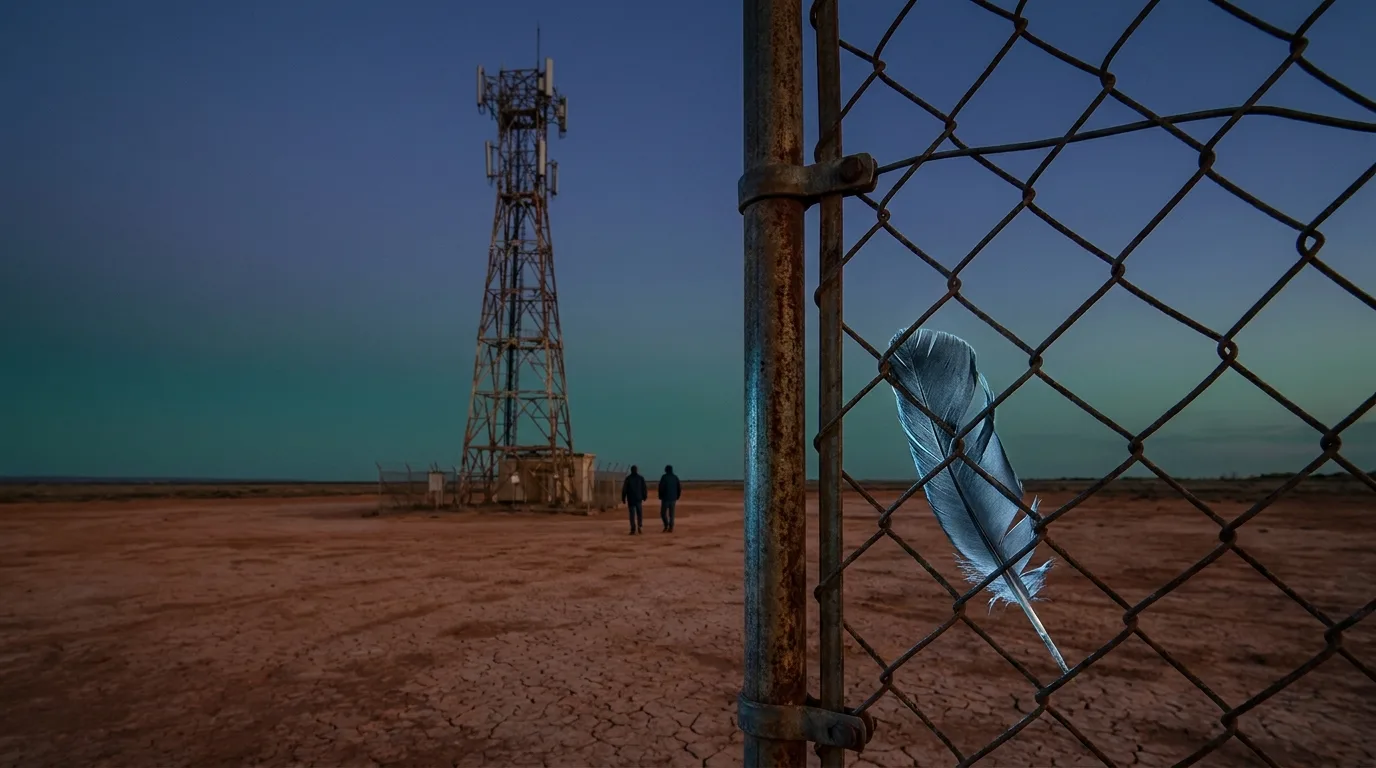 An industrial telecommunications tower stands on a cracked salt flat at twilight, with a single grey feather caught in a rusted foreground fence.