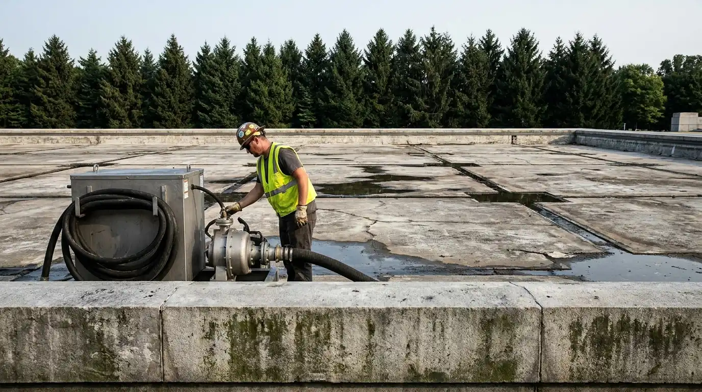 A high-angle architectural photograph shows a worker maintaining the vast, empty, and stained concrete basin of the Lincoln Memorial reflecting pool.