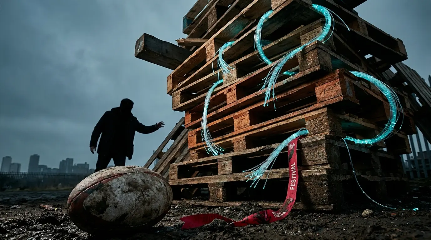 A towering wooden pallet structure bound by glowing cyan fiber-optic cables stands in a muddy field with a discarded rugby ball and crimson ribbon under a dark sky.