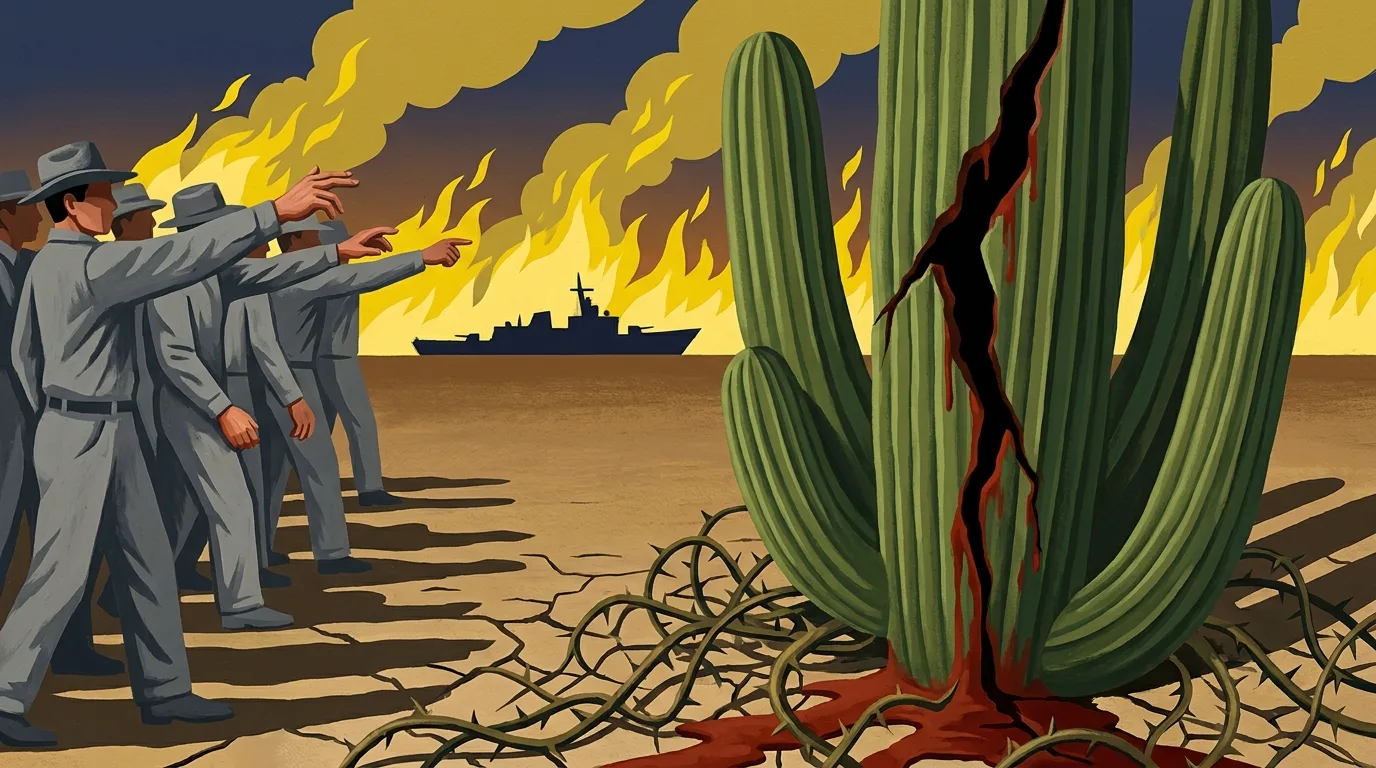 A surrealist editorial painting of a split cactus weeping red fluid before a line of anonymous workers and a horizon of yellow fire and a naval ship.