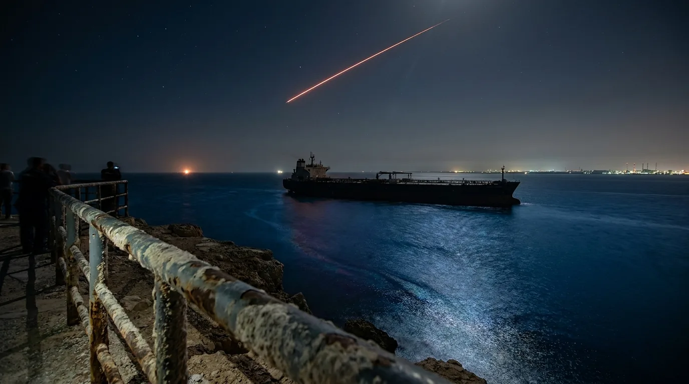 A night-time long-exposure photograph of a stalled oil tanker in the Strait of Hormuz, framed by a salt-crusted railing in the foreground and a red missile streak in the dark sky.