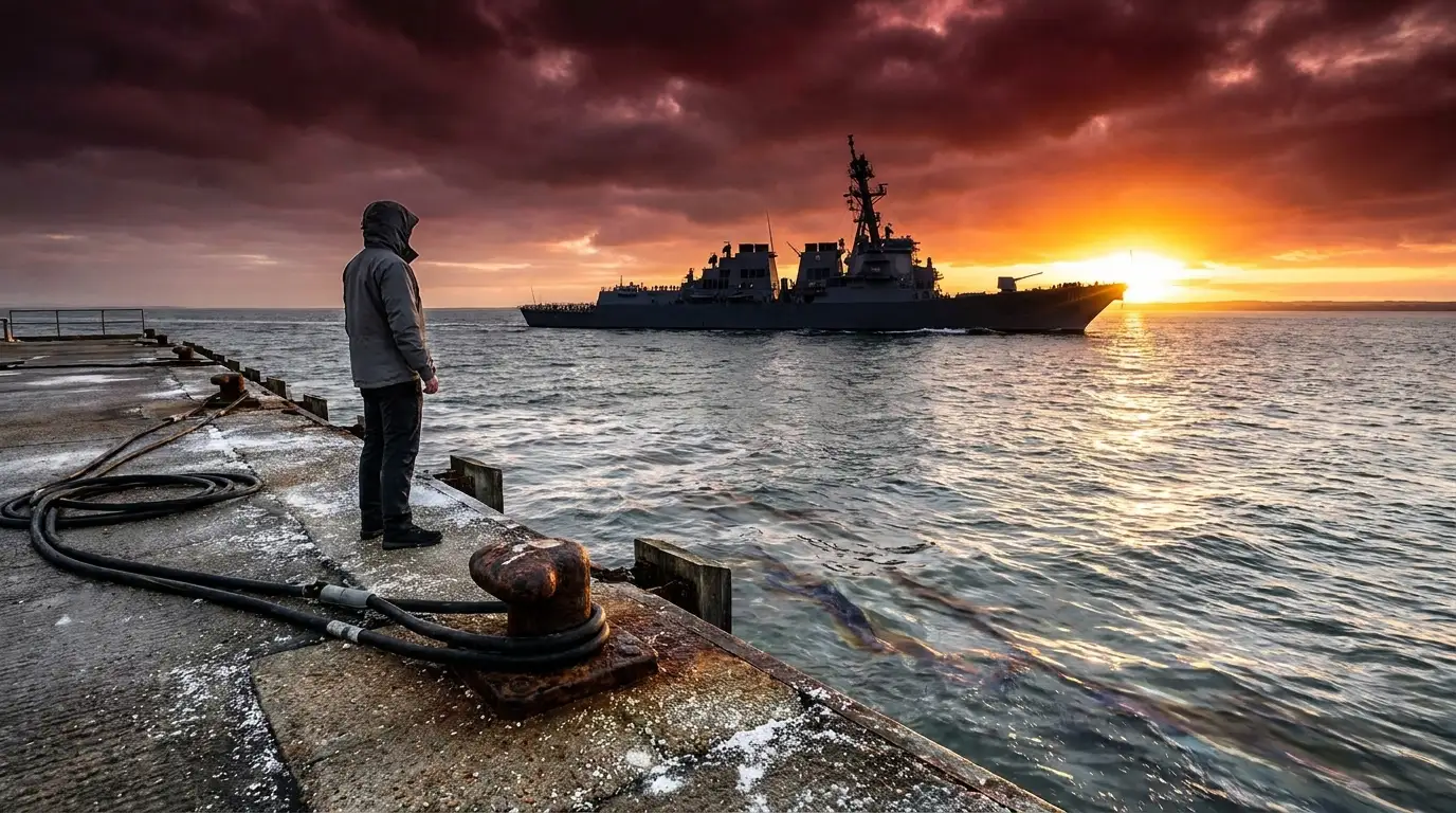 A wide editorial shot of a naval destroyer patrolling oil-slicked waters seen from a gritty, salt-crusted concrete pier at a crimson and gold dawn.