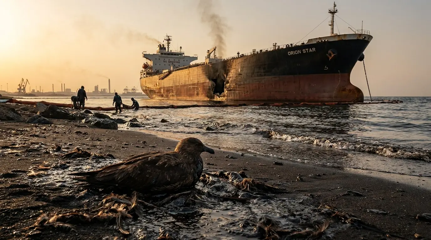 A dead seabird matted with oil lies on a dark beach in the foreground, while a disabled oil tanker with a missile strike hole drifts near an industrial coastline under an amber sky.